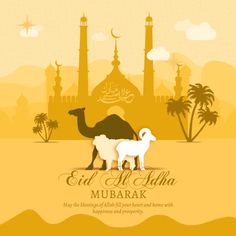 an eid al adha mubarak greeting card with camels and mosque in the background