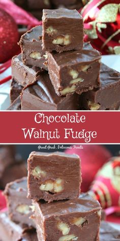 chocolate walnut fudge is stacked on top of each other