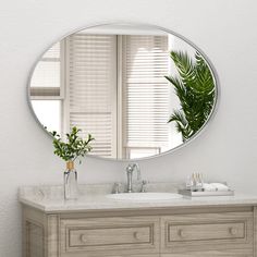 a bathroom vanity with a round mirror above it and a plant in a vase on the counter