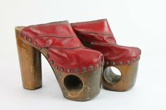 "SUPER RARE & AMAZING  - MUSEUM WORTHY  -   Vintage 1970s - Red Leather Platforms, Heels, Sandals  ONE PAIR ONLY      LOVE ROCKS VINTAGE ITEM DETAILS & DESCRIPTION  . True 70s Vintage . Red Leather Upper . Round Hole Design . Super High Round Wood Platform Heel Label: Old Paul  Size: 8  -  NO RETURNS FOR NOT FITTING! Era:  1970s Color:  Red  - refer to Photographs Material:  Leather & Wood Condition:  Vintage - Previously Owned & Worn - expect Vintage Wear & Condition - marks, scuffs & wear insi 60s Boots, 60s Gogo, 70s Platform Shoes, 1970s Shoes, Wood Platform Heels, Platform Shoes Sandals, Lane Boots, Rock Vintage, 70s Vibes