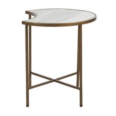 a white marble top side table with gold metal legs and a round glass tabletop