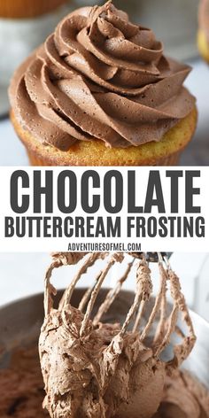 chocolate buttercream cupcakes with frosting in the middle and on top