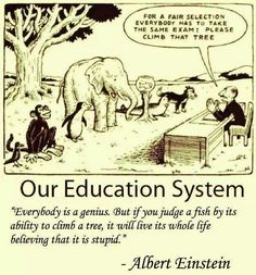 an elephant and some monkeys are talking to each other in front of a sign that says our education system