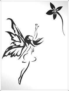 a black and white drawing of a fairy with her wings spread out in the air