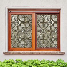 an image of a window that is on the side of a building with green plants