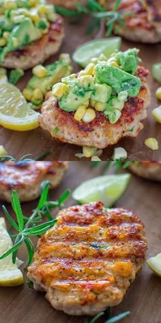 some food that is laying out on a wooden table with lemon wedges and lime slices