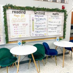 three tables with chairs in front of a bulletin board that says reading, writing, and math