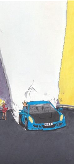 a drawing of a blue car driving down a road