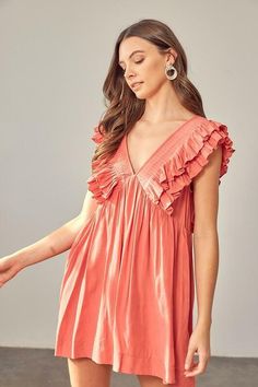 STYLE INFORMATION: Ruffles have taken a hold on our hearts in the Kat Rose Ruffle Romper Dress! Pleated ruffle sleeves decorate this flirty romper dress with a deep, V-neck and back. Babydoll bodice, hidden side pockets, and a flirty mini hem finish the look. DETAILS & CARE: Lined. Polyester. Hand Wash Cold. Imported Ruffle Romper, Pink Boho, Romper Dress, Dresses Xs, Boho Dress, Ruffles, One Shoulder Dress, Bodice, Rompers