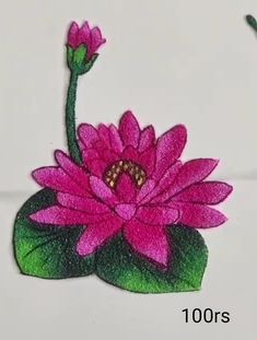 a drawing of a pink flower with green leaves on the top and bottom, next to a pair of scissors