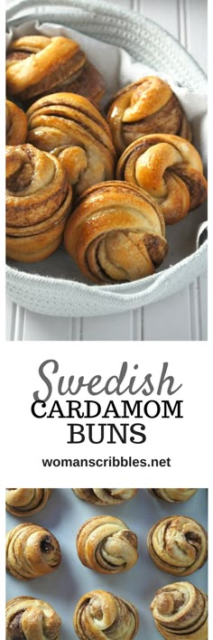 swedish cardamom buns in a pan with the words swedish cardamom buns