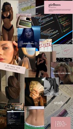 the collage shows many different types of photos and text, including women's names