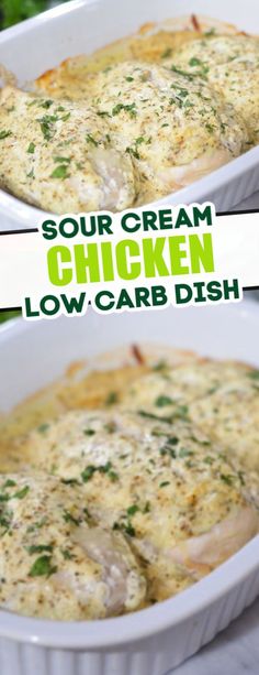 one dish sour cream chicken in a white casserole dish