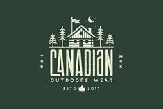 the canadian outdoors wear logo on a dark green background with trees and a cabin in the distance