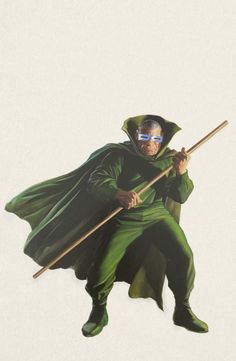 a painting of a man in green holding a stick and wearing a hoodie with sunglasses