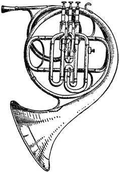 an illustration of a french horn from the 19th century, vintage line drawing or engraving