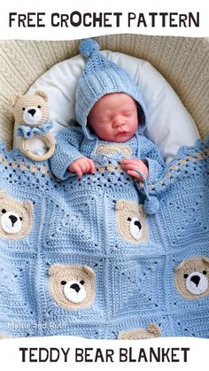 a baby sleeping in a crocheted teddy bear blanket and hat with the text free crochet pattern