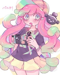 a girl with pink hair holding a camera