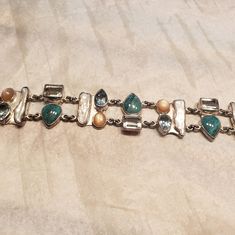 Double Row Biwa Pearl And Multi-Stone Boho Chick Hippie Bracelet. 950 Marking. Hippie Bracelet, Biwa Pearls, Hippie Bracelets, Multi Stone, Stone Bracelet, Blue And Silver, The Row, Color Blue, Size 7