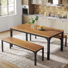 3 Pieces Dining Table Set for 6 People, Rectangular Kitchen Table with 2 Benches Tribesigns Dining 4 Seater, Rectangular Kitchen Table, Dining Table Set For 6, Rustic Kitchen Table, Rustic Kitchen Tables, Wooden Kitchen Table, Kitchen Table Set, Dining Room Table Set, Grande Table