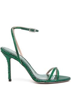 emerald green calf leather smooth grain crossover strap at the toe crystal embellishment silver-tone hardware almond open toe buckle-fastening ankle strap branded leather insole 110mm stiletto heel flat leather sole Farfetch Shoes, Emerald Green Heels, Winter Colours, Short Green Dress, Green Bodycon Dress, Green Silk Dresses, Nice Sandals, Emerald Crystal, Green Lace Dresses