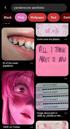 an iphone screen with pink hair and white teeth