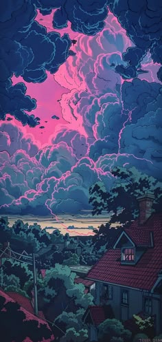 the sky is filled with pink clouds and some houses in the foreground, while dark clouds loom overhead