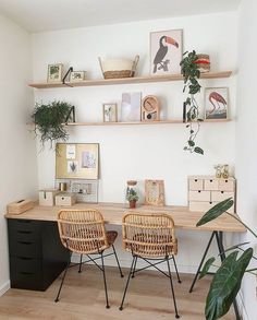 two wicker chairs sitting on top of a wooden desk next to a potted plant