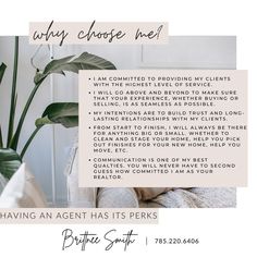 a white poster with the words, why choose me? and an image of a plant