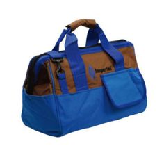 a blue and brown duffel bag with two pockets