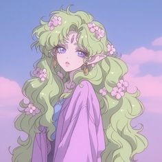 a girl with long green hair and flowers in her hair, standing on the beach