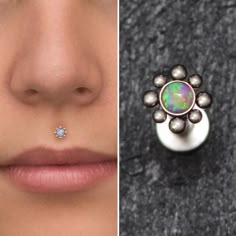 a woman's nose and nose ring with an opal in the middle