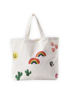 Elevate your everyday with our Art Doodles Tote Bag, showcasing a playful array of smiley faces, snakes, cherries, stars, heart peace signs, cacti, and rainbows – all in a unique Coney Island Picnic design. This screen-printed tote, with twin carry handles, offers the perfect size for your every need – from back-to-school essentials to convenient grocery trips. Make a statement while carrying it all. 100% Cotton Canvas Allover screen print front and back Return Policy Shipping Policy Playful Handmade Everyday Bags, Playful Multicolor Shoulder Bag For Everyday, Cute Colorful Bags For Everyday Use, Casual Hand Painted Bags For Everyday, Trendy Hand Painted Bags For Daily Use, Playful Canvas Gift Bag For Everyday Use, Playful Everyday Shoulder Bag, Casual Hand Painted Bags For Daily Use, Artsy White Everyday Shoulder Bag