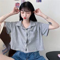 Turn Down Collar Loose Cropped Shirt – Nada Outfit Land Teen Crop Tops, Shirt Korean, Cropped Blouse, Cropped Shirt, Simple Shirts, Crop Blouse, Top Collection, Crop Shirt, Shirt Sale