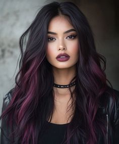 Fall Hair Color For Brunettes Purple, Mauve Balayage Brunettes, Subtle Coloured Hair, Revenge Hair Color, Fall Black Hair Color, Best Colors To Dye Dark Brown Hair, Black Hair Burgundy Money Piece, Dark Hair Fall Ideas, Dark Hair With Color Highlights