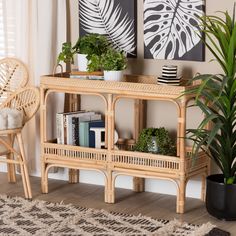 a living room with plants on the shelf