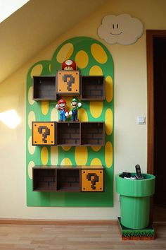 Mario Bros Furniture, Mario Bros Room, Nintendo Room, Mario Room, Creative Bookshelves, Themed Kids Room, Bookshelves Kids, Video Game Room, Kids Room Wall