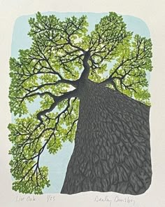 a drawing of a tree with green leaves on it's branches and the sky in the background