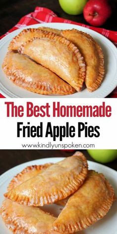 the best homemade fried apple pies on a white plate with apples in the background