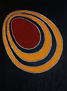 an abstract painting with red, yellow and blue circles in the center on a black background