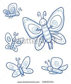 four blue butterflies flying in the sky with swirls on their wings, and one butterfly sitting