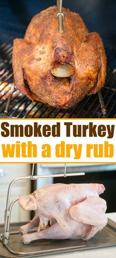 smoked turkey with a dry rub on the grill and an image of roasted turkey being grilled