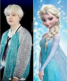 two pictures of the same person in frozen princess outfits, one with blonde hair and blue dress