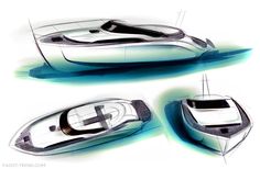 three different views of a futuristic boat