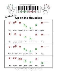 up on the housetop worksheet with piano keys and hand symbols for each letter