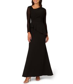 Adrianna Papell Crepe Asymmetrical Neck Illusion Long Sleeve Peplum Gown | Dillard's Hip Stretch, Peplum Gown, Formal Wedding Guest Dress, Mesh Gown, Midi Dress Fall, Long Dress Design, Formal Dresses Gowns, Long Sleeve Gown, Asymmetrical Neckline