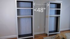 a dog laying on the floor in front of two bookshelves with measurements for each shelf