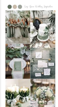 a collage of photos with green and white wedding colors in shades of gray, gold, and silver