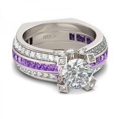 a purple and white diamond engagement ring set with channeled accents on the band, in 18k white gold