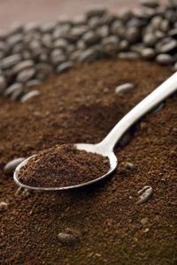 a spoon filled with coffee beans on top of dirt